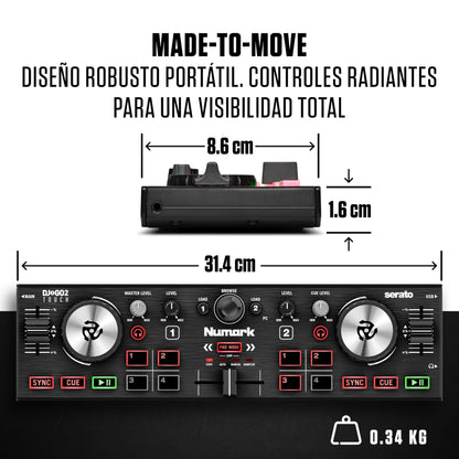 Numark DJ2GO2 Touch - Mini controlador DJ USB, 2 decks para Serato DJ con mezclador/crossfader, interfaz de audio y jog wheels de sensibilidad táctil