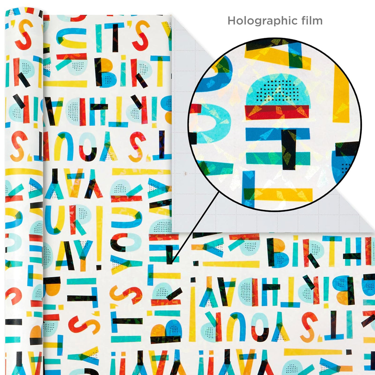 Hallmark - Paquete de papel de regalo de cumpleaños con líneas cortadas en el reverso (paquete de 3: 55 m2) pies ttl.) Estampados y patrones y holográficos en rojo, azul, amarillo, blanco y