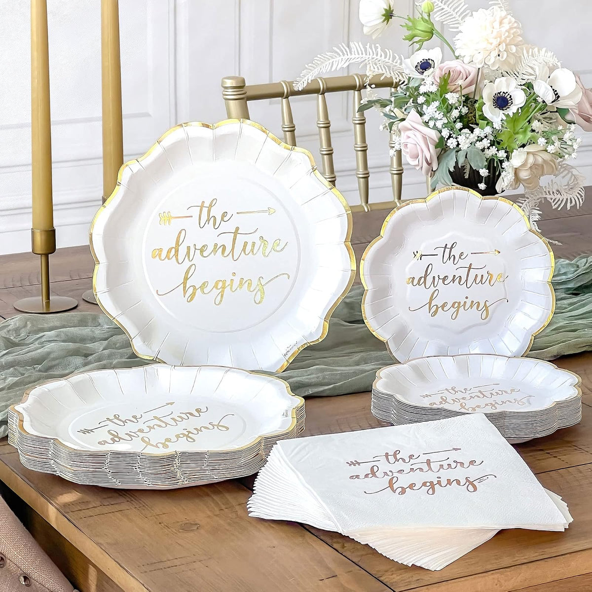 Kate Aspen The Adventure Begins 72 Piece Classic & Elegant Paper Party Tableware Set (24 Guests), Party Supplies, Wedding Decor for Bridal Showers, Engagements and Receptions