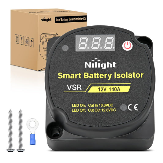 Nilight Aislador de Batería Dual 140 AMP 12V con Voltímetro Digital | IP66 impermeable VSR cuenta con una visualización LED en vivo, carga automática (13.3V/12.8V) y kit de hardware