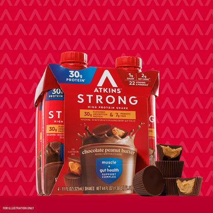 Atkins Strong Shakes Sabor Chocolate con Cacahuate | 30g de Proteína | Bebida RTD | Pack de 12 Piezas (325ml c/u)