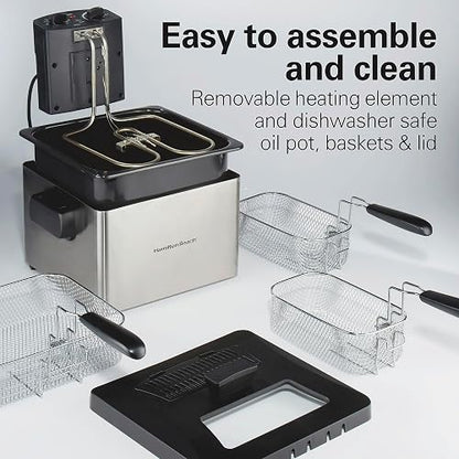 Hamilton Beach 35034 Freidora de estilo profesional Capacidad para 12 tazas de alimentos, plateada, 4.5 Liters, Acabado acero inoxidable