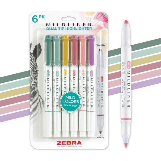 Zebra - Juego de marcadores de doble punta para rotuladores de color, punta de cincel, ideal para resaltar la Biblia, sin sangrar, varios colores suaves, paquete de 6 (73315)