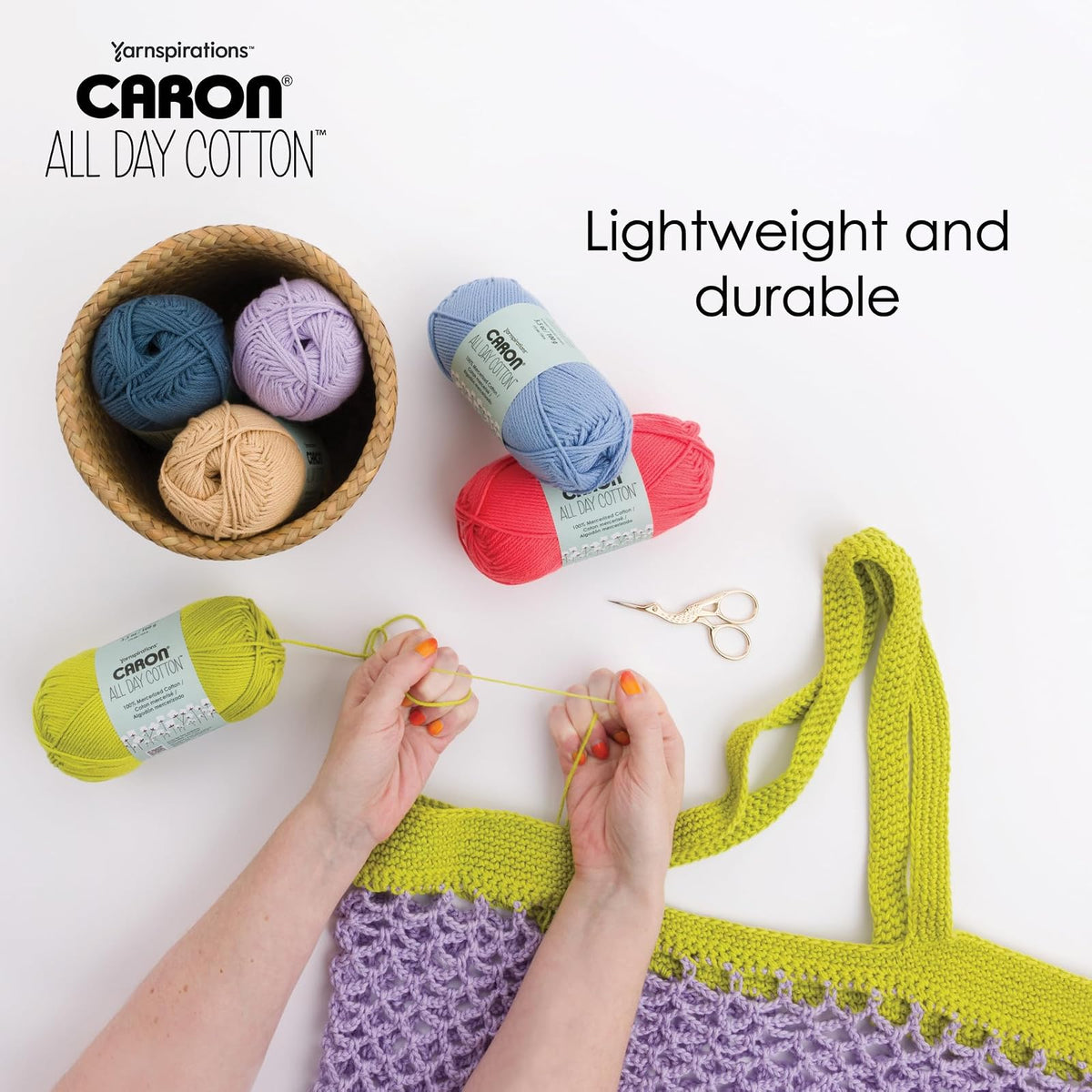 Caron All Day Cotton Mercerizado | Paquete de 3 hilos, 100g/3.5oz, 173 yardas, color perfecto para proyectos