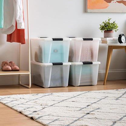 IRIS USA 4 Contenedores de 40 Qt con Tapa, Perla | Oculta el contenido para una apariencia limpia. Ideal para mudanzas, cobijas, ropa y garaje. Diseño anidable.