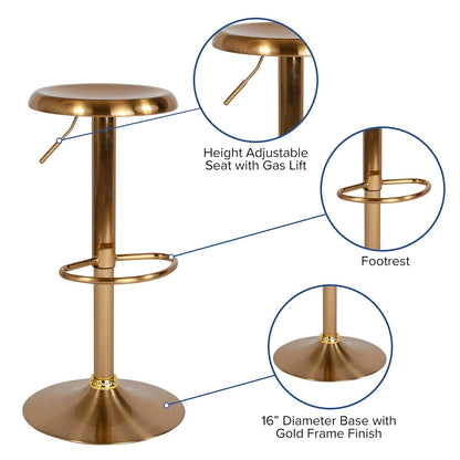 Flash Furniture Madrid Series Taburete de Metal Retro de Altura Ajustable con reposapiés, Barra Ajustable sin Respaldo o Taburete Giratorio de Altura de mostrador, Dorado