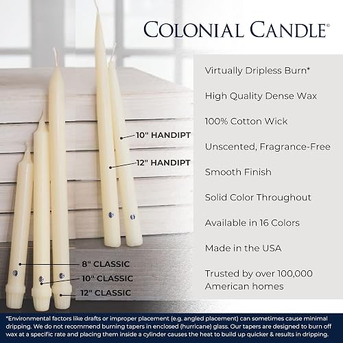 Colonial Candle Vela cónica sin perfume, colección Handipt, marfil, 10 pulgadas, paquete de 12, hasta 8 horas de combustión