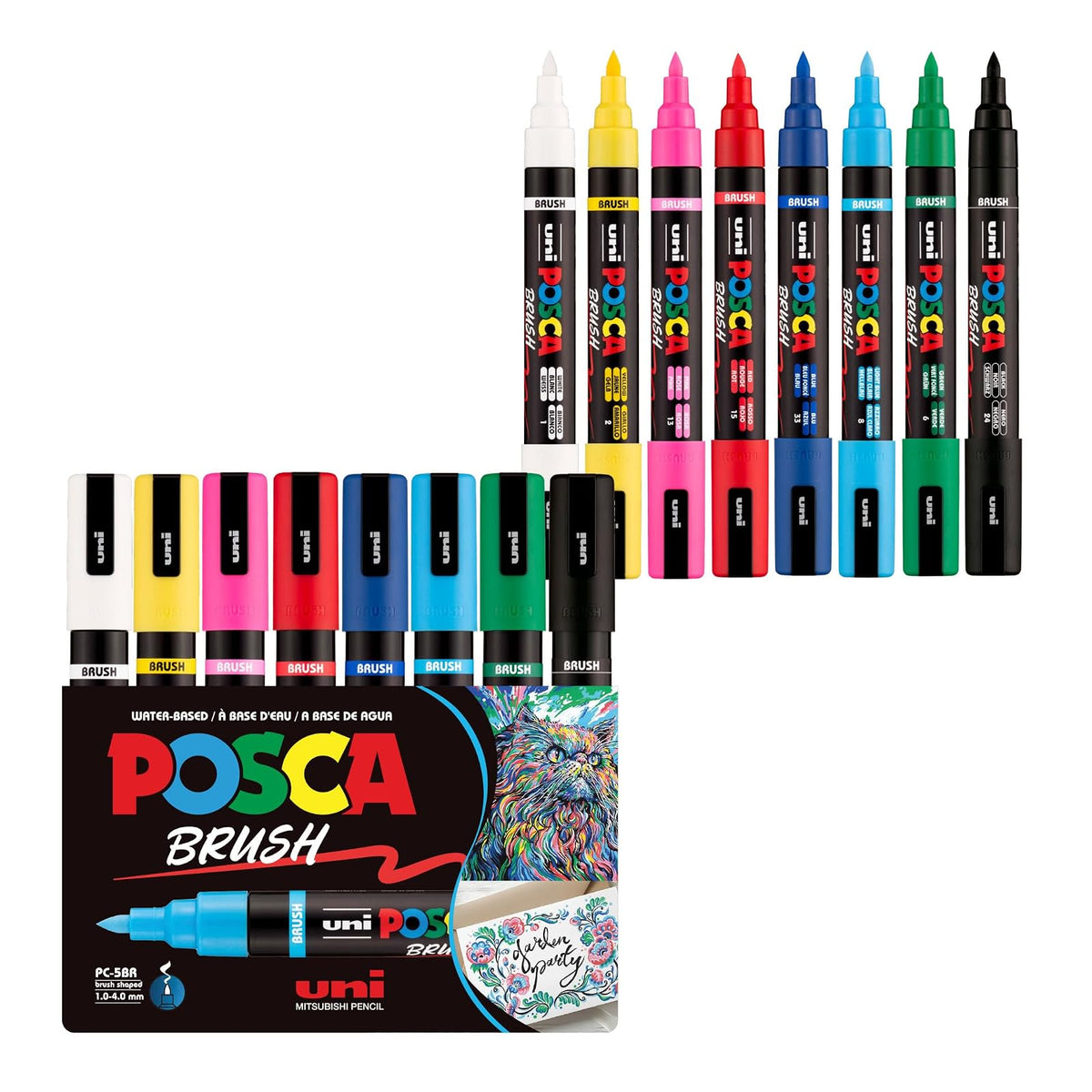 POSCA® PC-5BR - Marcadores de pintura con punta de pincel, juego de 8 | Tamaño de la punta: 1.0-4.0 mm, bolígrafos opacos a base de agua para letras, caligrafía, colorear, manualidades y proyectos