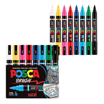POSCA® PC-5BR - Marcadores de pintura con punta de pincel, juego de 8 | Tamaño de la punta: 1.0-4.0 mm, bolígrafos opacos a base de agua para letras, caligrafía, colorear, manualidades y proyectos