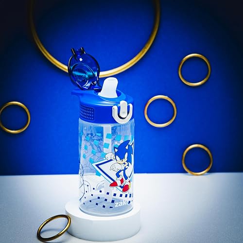 Zak Designs Sonic the Hedgehog - Botella de agua de salvia para la escuela o los viajes, botella de agua de plástico duradera de 16 onzas con popote, mango y a prueba de fugas, cubierta de boquilla