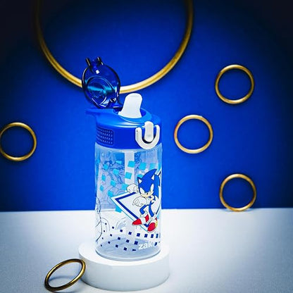 Zak Designs Sonic the Hedgehog - Botella de agua de salvia para la escuela o los viajes, botella de agua de plástico duradera de 16 onzas con popote, mango y a prueba de fugas, cubierta de boquilla