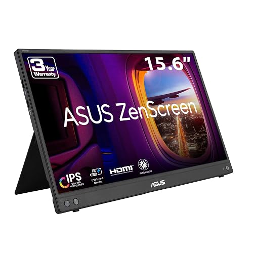 ASUS ZenScreen MB16AHV Monitor Portátil Full HD HDMI como Segunda Pantalla | IPS FHD 1920x1080, portátil 0.9kg y 10mm, doble USB-C + Mini-HDMI, superficie antibacterial, base plegable y trípode 1/4"