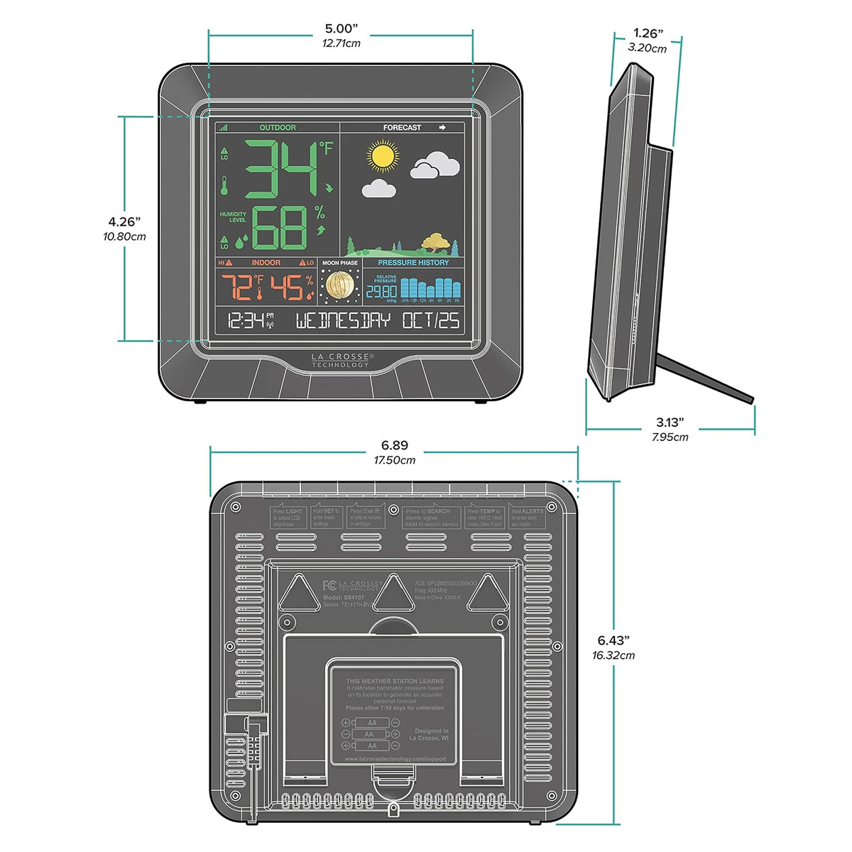 La Crosse Technology - Estación de pronóstico de color - visualización grande, alertas de temperatura/humedad, escenas estacionales - Monitoreo interior/exterior, registros HI/LO, presión barométrica