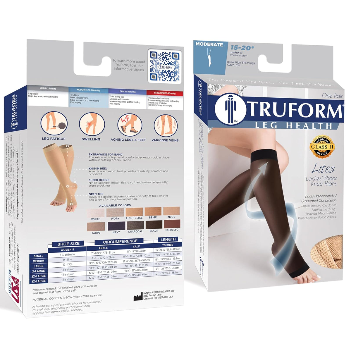 Truform Sheer Compression Stockings, 15-20 mmHg, Women's Knee High Length, Open Toe, 20 Denier, Beige, Large