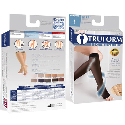 Truform Sheer Compression Stockings, 15-20 mmHg, Women's Knee High Length, Open Toe, 20 Denier, Beige, Large
