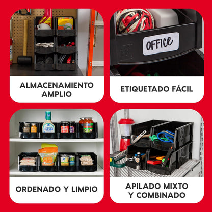 IRIS USA Paquete de 8 Contenedores Grandes Apilables, Negro | Organiza piezas pequeñas, ferretería, manualidades, despensa y artículos del hogar con acceso frontal y cajas apilables