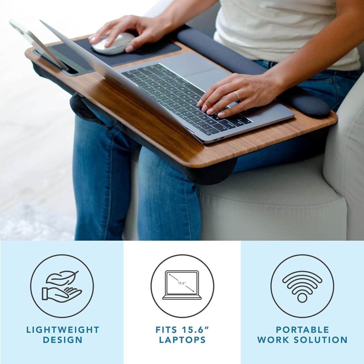 LAPGEAR Home Office Pro - computadora de Regazo con reposamuñecas, Alfombrilla para Mouse y Soporte para teléfono, Grano de Madera expreso, se Adapta a portátiles de hasta 15.6 Pulgadas, Estilo No.