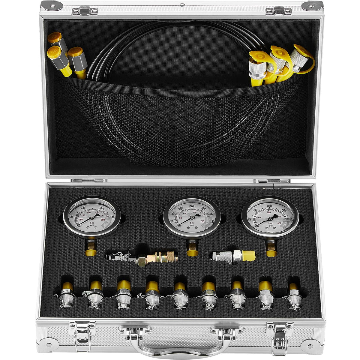 Kit de prueba de presión hidráulica, 250/400/600bar, 3 calibradores, 11 acoplamientos de prueba, 3 mangueras de prueba, juego de medidores de prueba hidráulica para excavadoras con estuche de