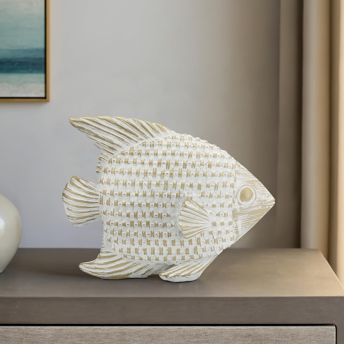 Sagebrook Home Cerámica 7 Pulgadas, decoración de Peces de pie Blanco/Dorado, Novedad, cerámica, contemporáneo, 9 Pulgadas de Largo x 3 Pulgadas de Ancho x 7 Pulgadas de Alto, Tela
