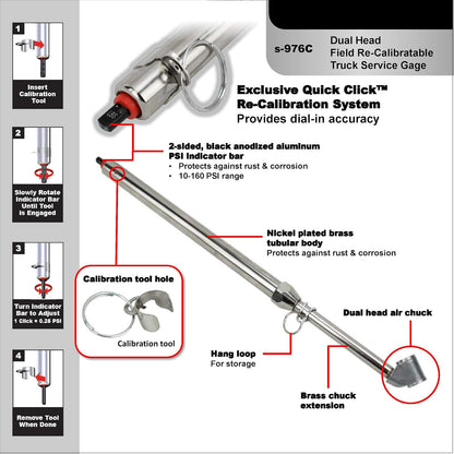 Milton S-976C Medidor Presión Neumáticos Calibrable Portabrocas Doble Cabeza 10-160 PSI Plateado