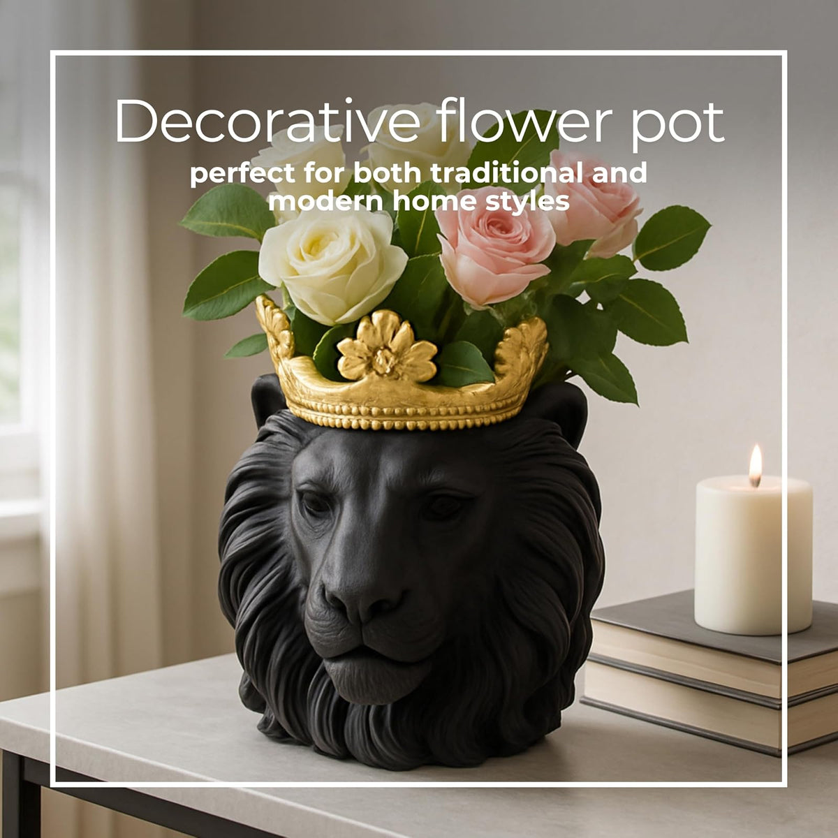 Sagebrook Home Maceta de Resina con Cabeza de león y Corona Dorada Maceta Decorativa de poliresina para el hogar y el jardín 9 x 7 x 9 Pulgadas Negra