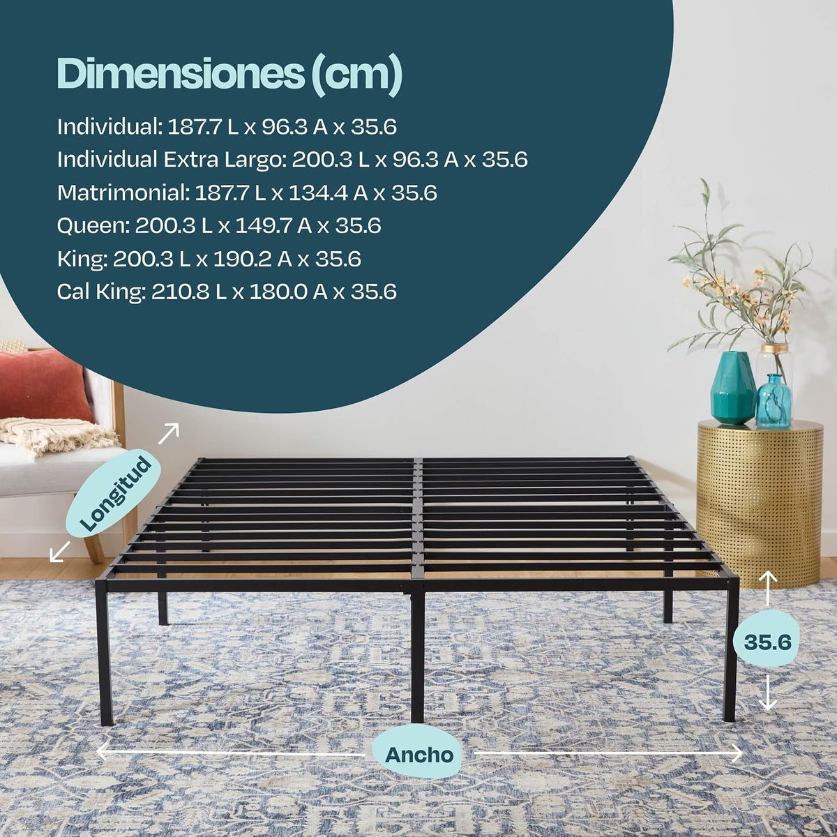 Linenspa - Base de Cama Metálica Reforzada Queen - Estructura de Acero con Láminas Metálicas - Almacenamiento Bajo Cama - Fácil de Armar Herramienta Incluida - Ideal para Cualquier Recámara