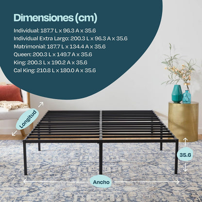 Linenspa - Base de Cama Metálica Reforzada Queen - Estructura de Acero con Láminas Metálicas - Almacenamiento Bajo Cama - Fácil de Armar Herramienta Incluida - Ideal para Cualquier Recámara