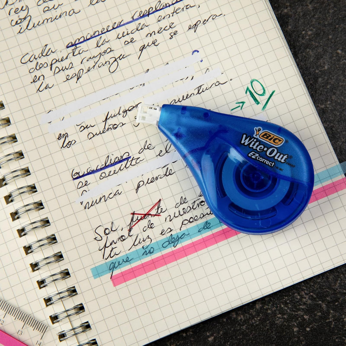 BIC Cinta Correctora 4.2 mm Fácil de Aplicar Corrección Instantánea Hecha de PET Reciclado 12 metros de Cinta Cuerpo Color Azul 6 Piezas
