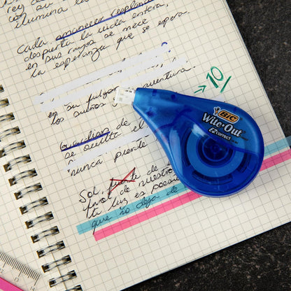 BIC Cinta Correctora 4.2 mm Fácil de Aplicar Corrección Instantánea Hecha de PET Reciclado 12 metros de Cinta Cuerpo Color Azul 6 Piezas