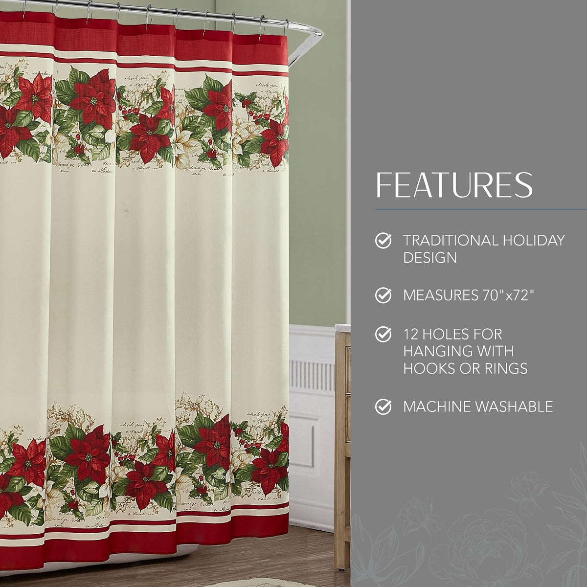 Elrene Home Fashions Cortina de Ducha de Tela de Pascua roja y Blanca de Navidad, 70 x 72 Pulgadas