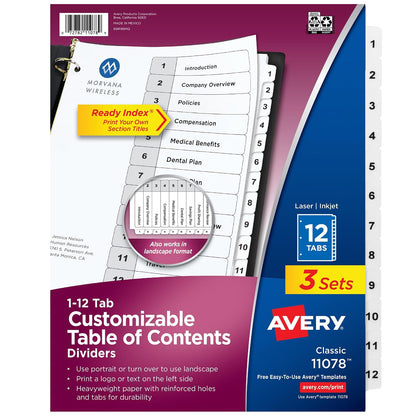 Avery Divisores para 3 carpetas de anillas, 12 pestañas por juego, tabla de contenido personalizable, pestañas blancas clásicas, ideales para organizar informes, proyectos y más (3 juegos de 11078)