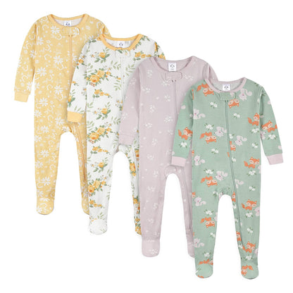 Gerber Paquete de 4 Pijamas con Pies Bebé Niña Estampado Dino y Animales Árticos - Rosas y Zorro - 9 Meses