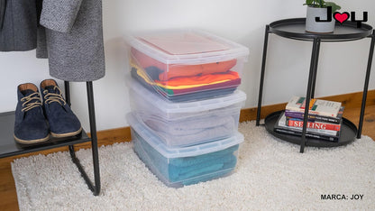 J Y Joy - Caja de Almacenamiento 21 litros, Pack de 2, para Organizar Armario, Juguetes, Ropa, con Cierre Click! y Agarraderas Reforzadas, Plástico Libre de BPA, Transparente