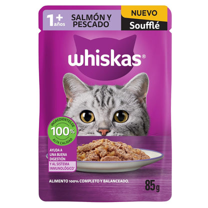 Whiskas - Sobres para Gato Adulto, 24 Piezas, con Sabor a Salmón y Pescado, 85 gr, Fibras, Vitaminas y Taurina