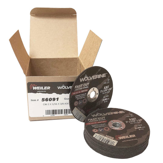 Weiler 56091 Wolverine - Rueda de corte tipo 1 de 3 x 1/16 pulgadas, A36T, 10 unidades - Solo 10 ruedas Wolverine