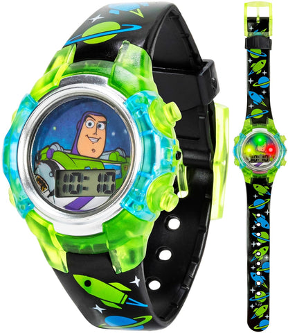 Disney Pixar Toy Story 4 Buzz Lightyear - Reloj LCD intermitente para niños con esfera colorida iluminada, funda duradera, correa con temática espacial, perfecto para niños y niñas a partir de 4 años,