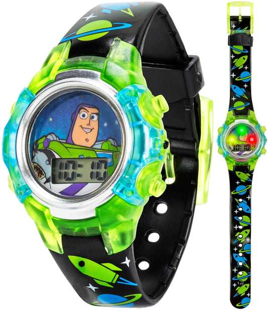 Disney Pixar Toy Story 4 Buzz Lightyear - Reloj LCD intermitente para niños con esfera colorida iluminada, funda duradera, correa con temática espacial, perfecto para niños y niñas a partir de 4 años,