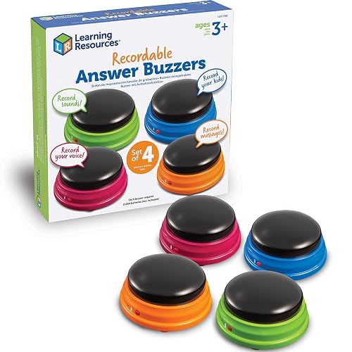 Learning Resources Recordable Answer Buzzers Set de 4 | Materiales para Maestros y Clases, Botón de Efectos de Sonido, Juegos de Trivia, Herramientas de Participación