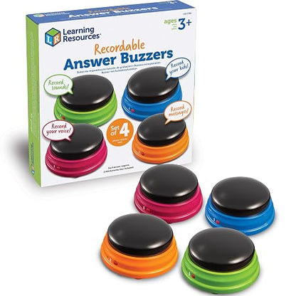 Learning Resources Recordable Answer Buzzers Set de 4 | Materiales para Maestros y Clases, Botón de Efectos de Sonido, Juegos de Trivia, Herramientas de Participación