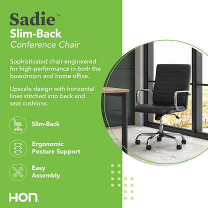 HON Sadie Executive Computer Chair- Fixed Arm for Office Desk, Black Leather with Chrome Accents (HVST511)