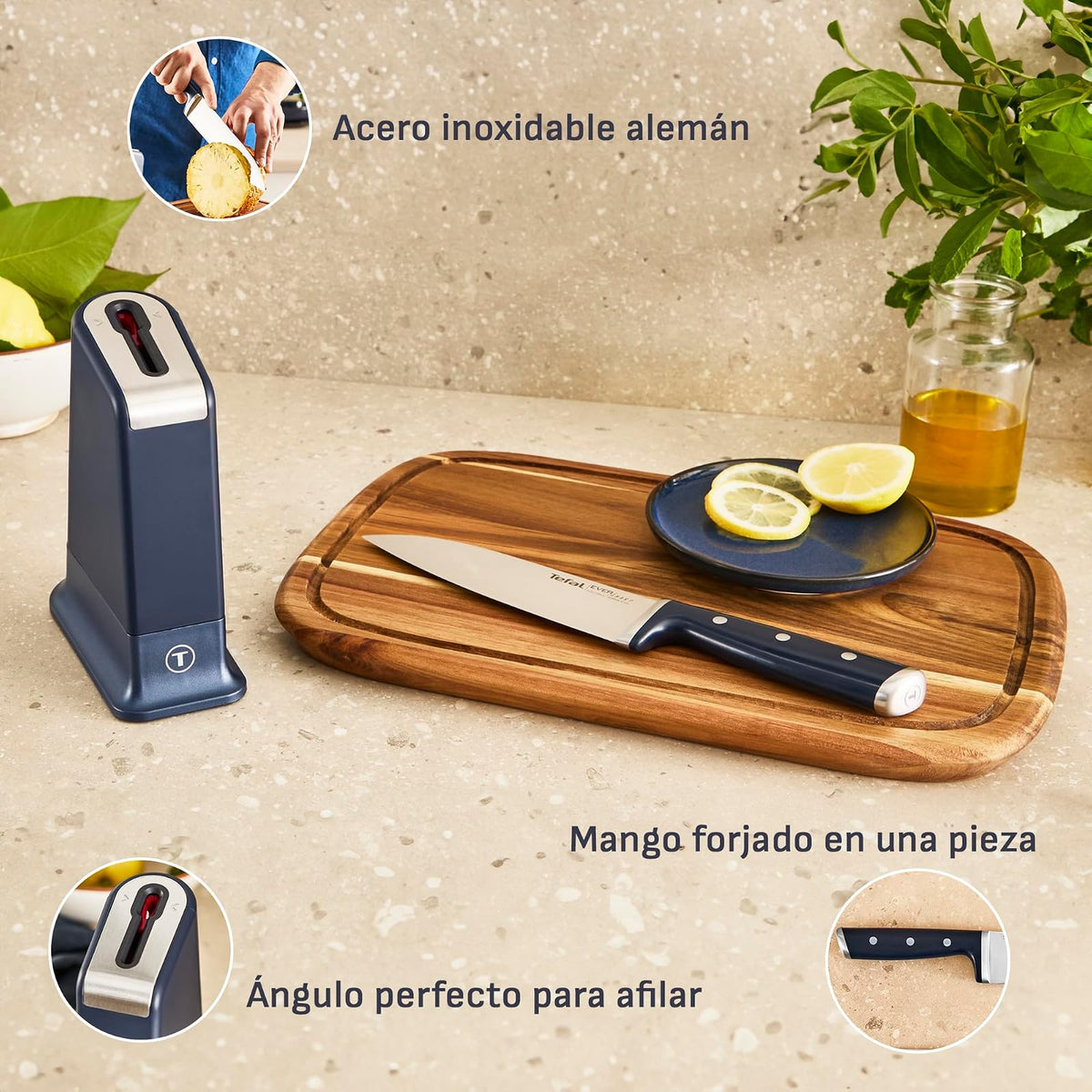 T-fal Cuchillo de Cocina Chef de 16.5cm, Incluye Bloque con Afilador incluido, Siempre afilado,Hoja de Acero Inoxidable, Color Negro, Eversharp Pro, K297S244