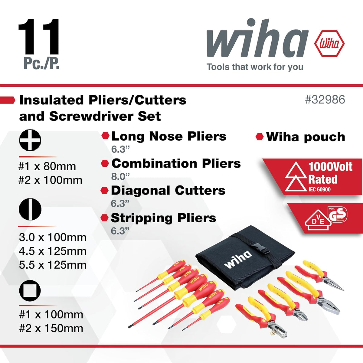 Wiha 32986 - Juego de alicates industriales aislados en bolsa enrollable, 11 piezas