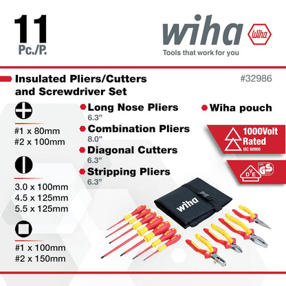 Wiha 32986 - Juego de alicates industriales aislados en bolsa enrollable, 11 piezas