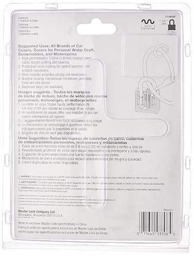 Master Lock 715DAT Cable de cubierta de automóvil de acero trenzado con candado de acero laminado, cable de 7 pies y bloqueo ancho de 1-1/8 pulgadas