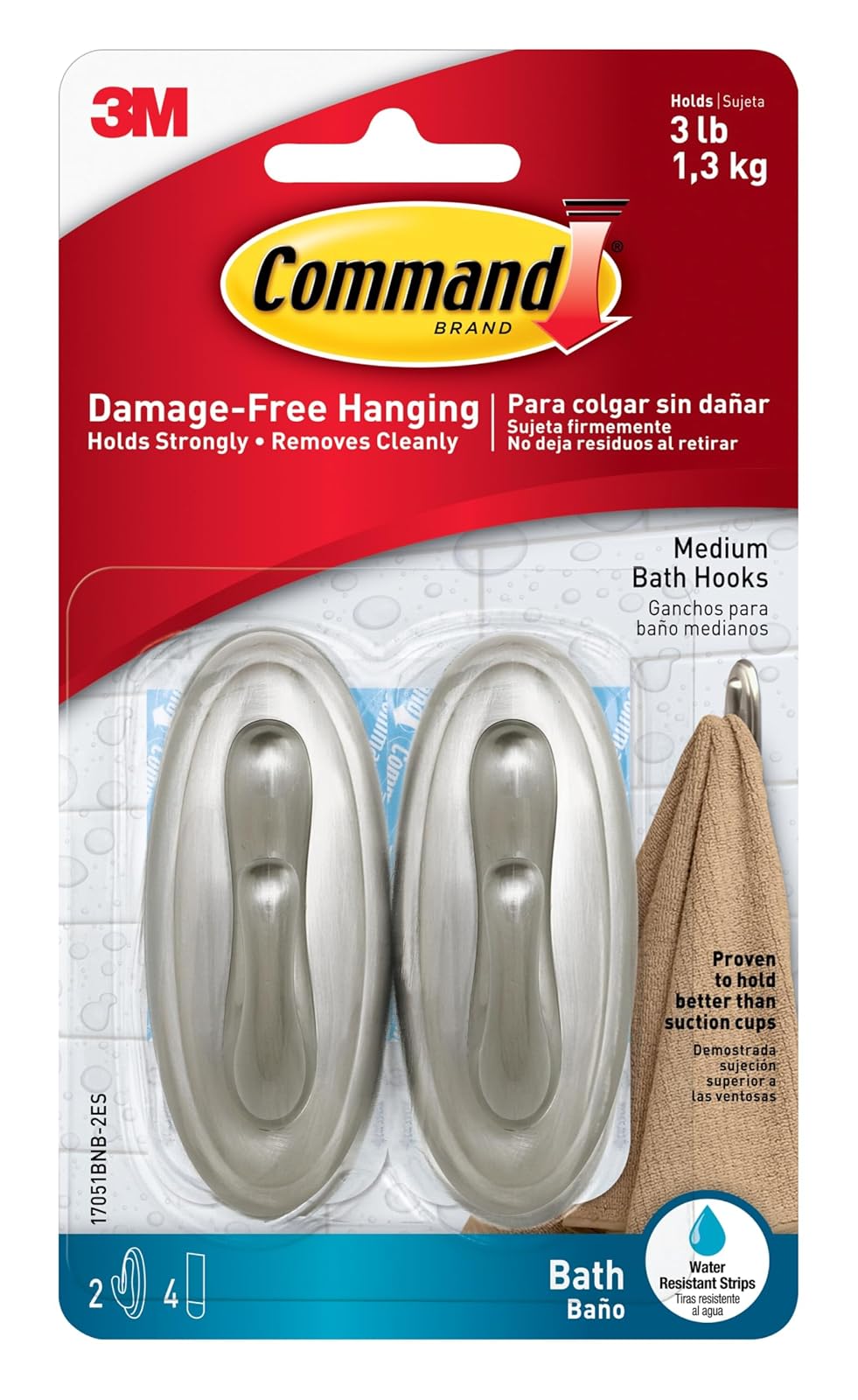 Command - Ganchos de baño medianos, con capacidad para hasta 3 libras, 2 ganchos de ducha, 4 tiras resistentes al agua, color níquel cepillado, organización de baño sin daños para batas, toallas o - 0 - Ganchos de baño