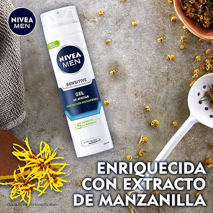 NIVEA MEN Gel para Afeitar Sensitive (200 ml) Enriquecido con Manzanilla para Piel Sensible, fórmula extra suave 0% alcohol