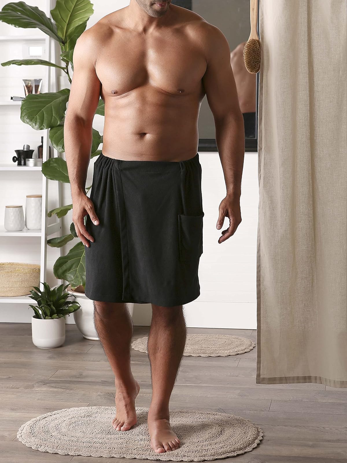 DII - Colección de Envoltura de Ducha de Rizo para Hombre, Cierre Ajustable y Bolsillo, 54 x 20 Pulgadas, Color Negro