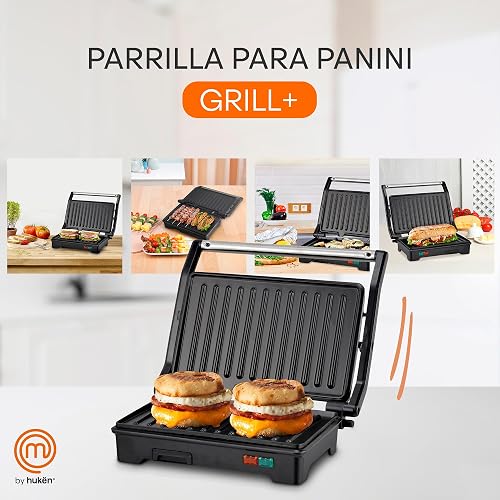 Hukën x MasterChef | Parrilla Eléctrica Multifuncional | Panini GRILL+ 2 Rebanadas | Apertura 180° | Antiadherente de Alto Nivel | Calentamiento Rápido | Temperatura Automática | Acero Inoxidable