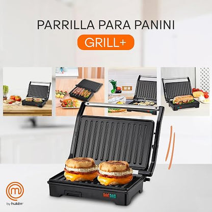 Hukën x MasterChef | Parrilla Eléctrica Multifuncional | Panini GRILL+ 2 Rebanadas | Apertura 180° | Antiadherente de Alto Nivel | Calentamiento Rápido | Temperatura Automática | Acero Inoxidable