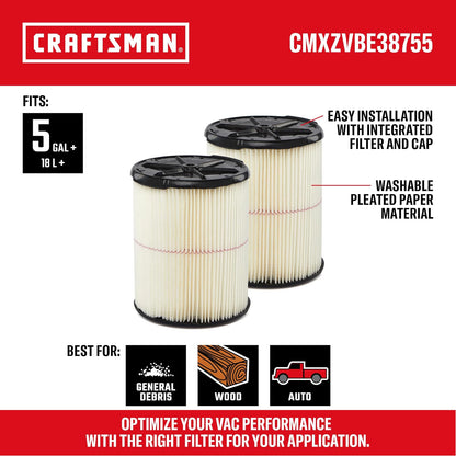 CRAFTSMAN CMXZVBE38755 - Filtro de aspiradora de repuesto para aspiradora de 5 a 20 galones, fácil instalación y atrapa desechos generales, paquete de 2
